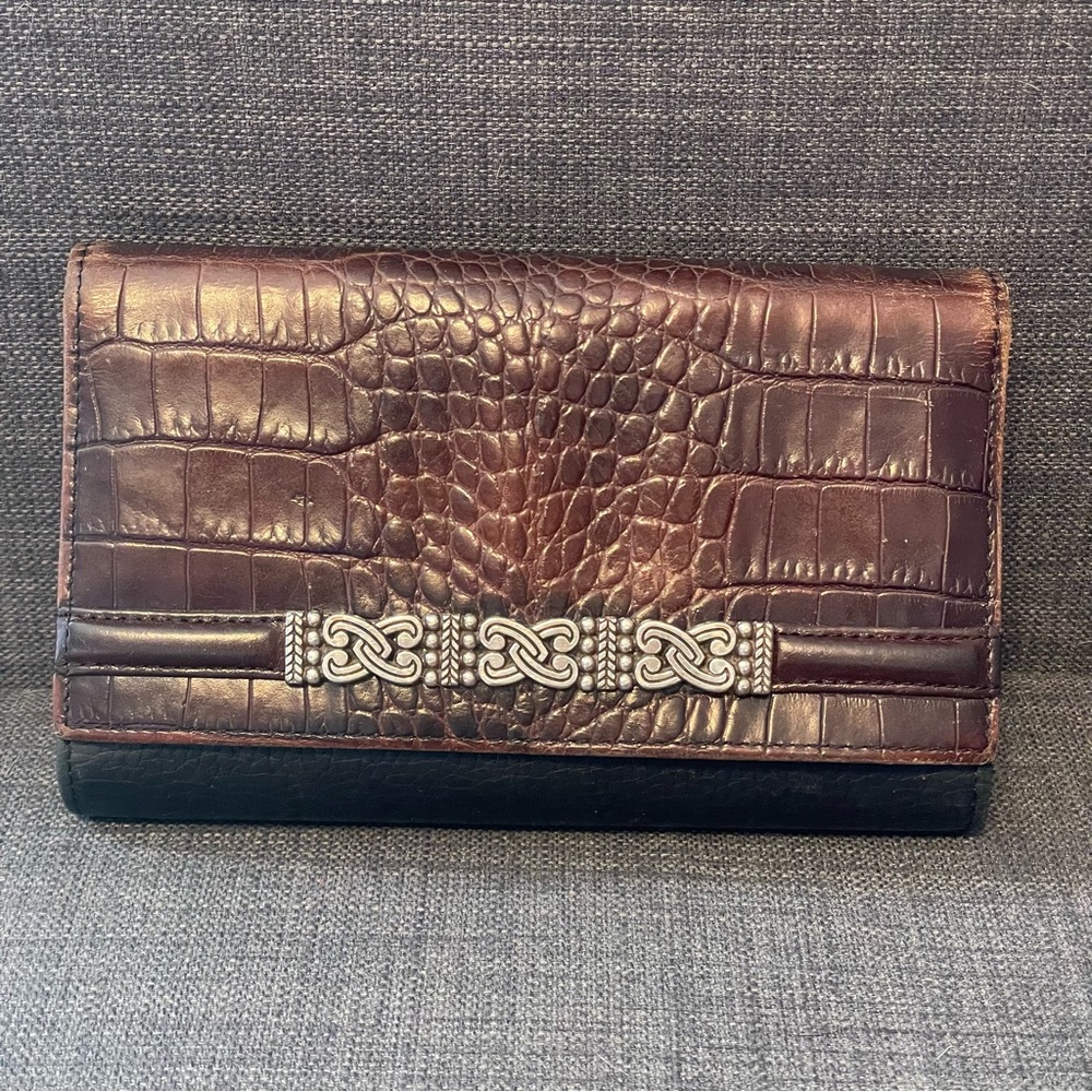 BRIGHTON Checkbook WALLET Large Organizer Leather Black Brown Croc Silver